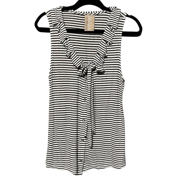 DOLAN LC | ANTHROPOLOGIE Flax Blend Stripe Ruffled Neckline Button Down Blouse - Picture 4 of 10